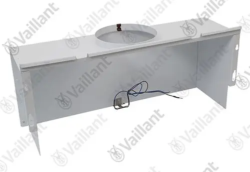 Weißes Gehäuse mit rundem Ausschnitt und Kabelanschluss, erkennbar als Vaillant-Komponente, ohne spezifische Maße oder Modellnummer im Bild.